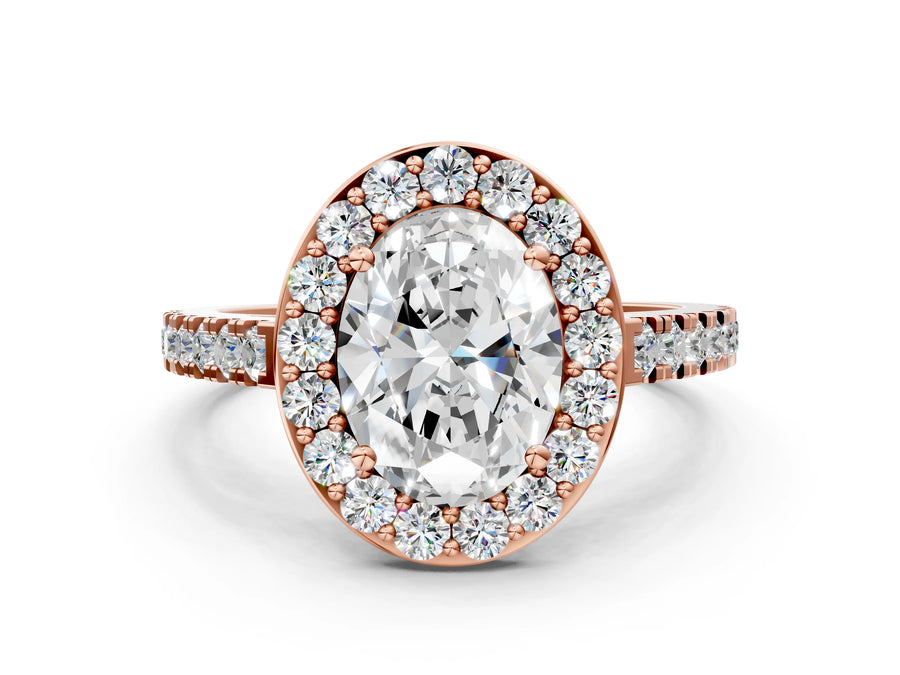 Rose gold Oval Cut Halo Diamond Ring with Pavé Band and Three-Prong Setting