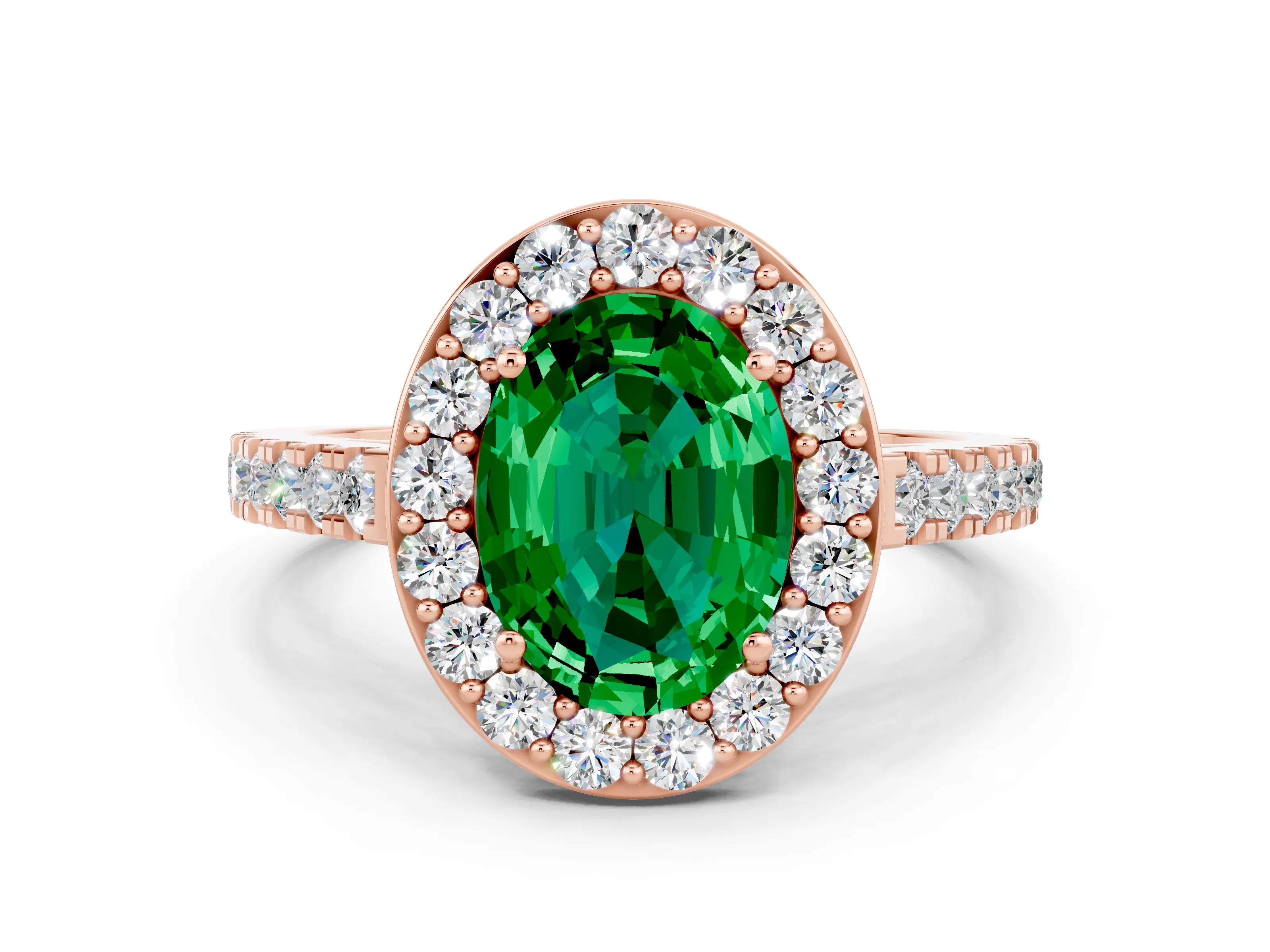 Rose gold Oval Cut Halo Diamond Ring with Pavé Band and Three-Prong Setting