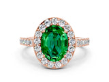 Rose gold Oval Cut Halo Diamond Ring with Pavé Band and Three-Prong Setting