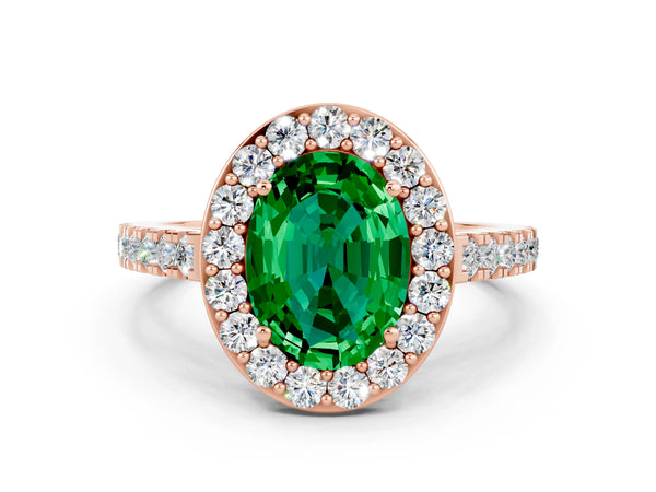 Rose gold Oval Cut Emerald Halo Ring with Round Pavé Split Shank and Prong Setting