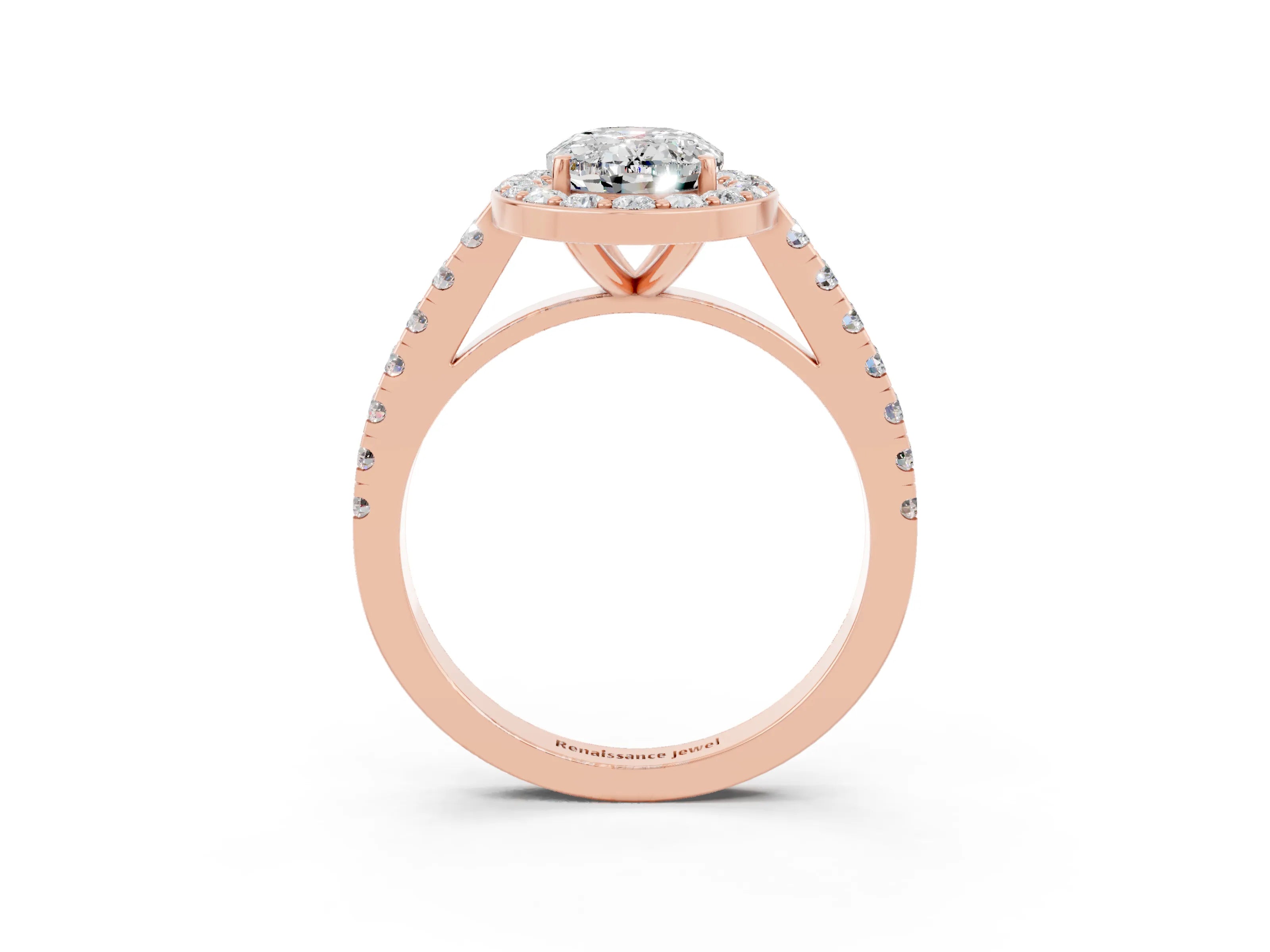 Rose gold Oval Cut Halo Diamond Ring with Pavé Band and Three-Prong Setting_3