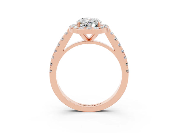 Rose gold Oval Cut Moissanite Halo Ring with Round Pavé Split Shank and Prong Setting