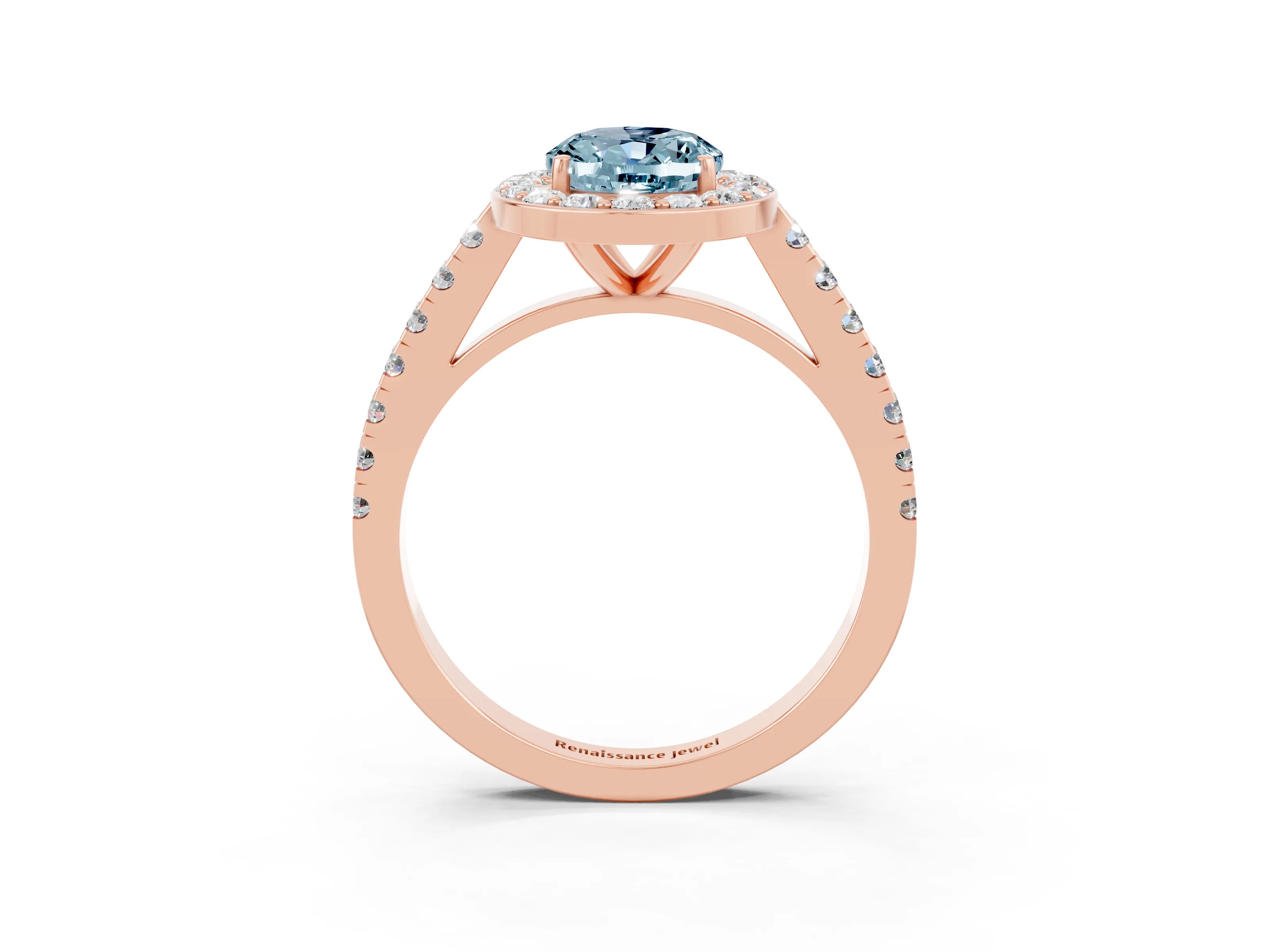Rose gold Oval Cut Halo Diamond Ring with Pavé Band and Three-Prong Setting_3