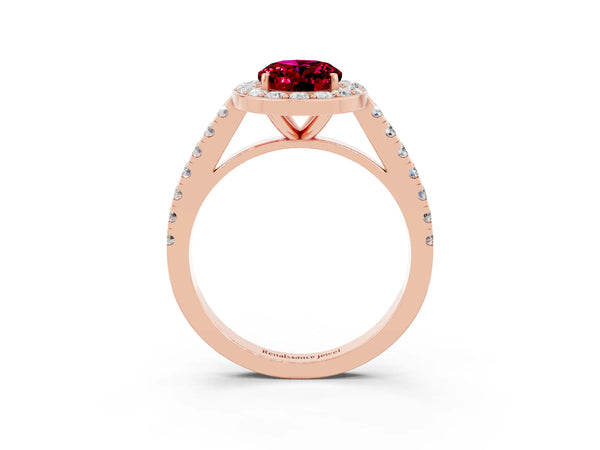 Rose gold Oval Cut Garnet Halo Ring with Round Pavé Split Shank and Prong Setting