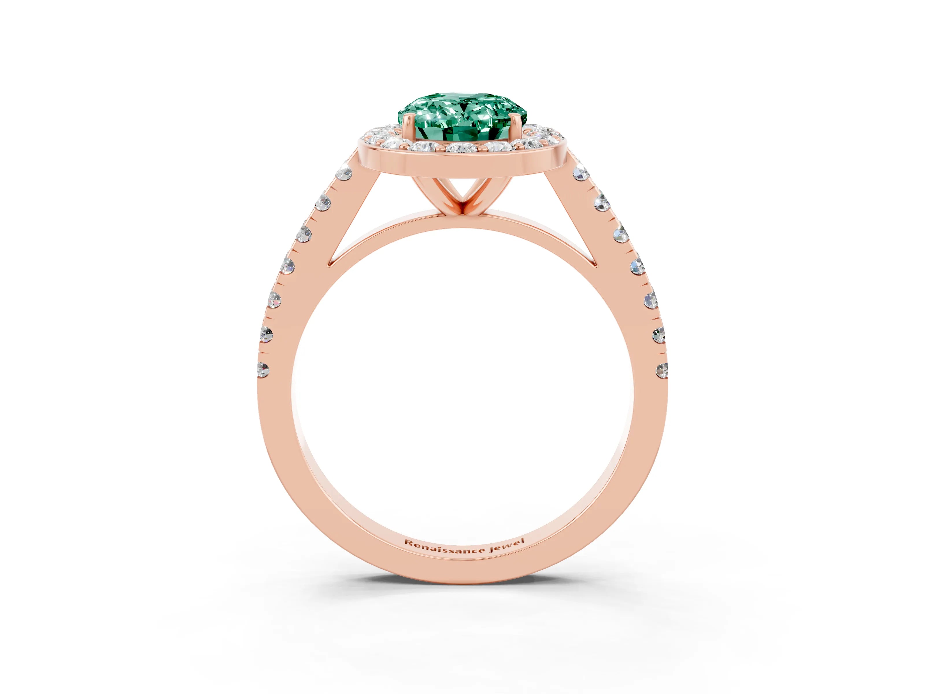 Rose gold Oval Cut Halo Diamond Ring with Pavé Band and Three-Prong Setting_3