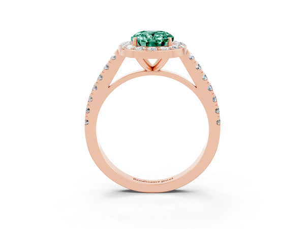 Rose gold Oval Cut Green Sapphire Halo Ring with Round Pavé Split Shank and Prong Setting