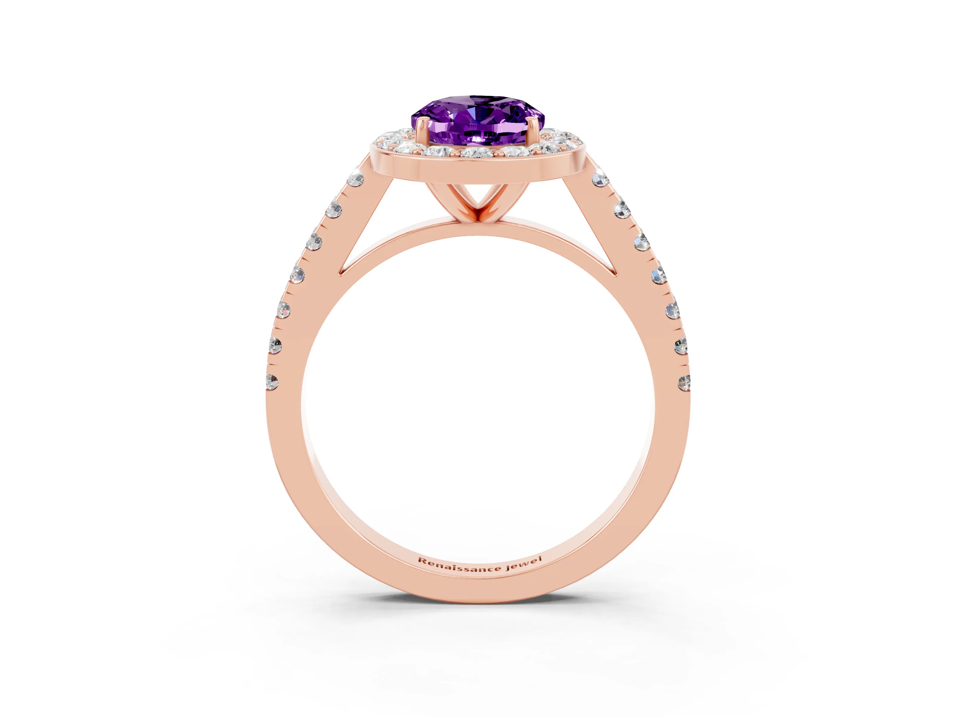 Rose gold Oval Cut Halo Diamond Ring with Pavé Band and Three-Prong Setting_3
