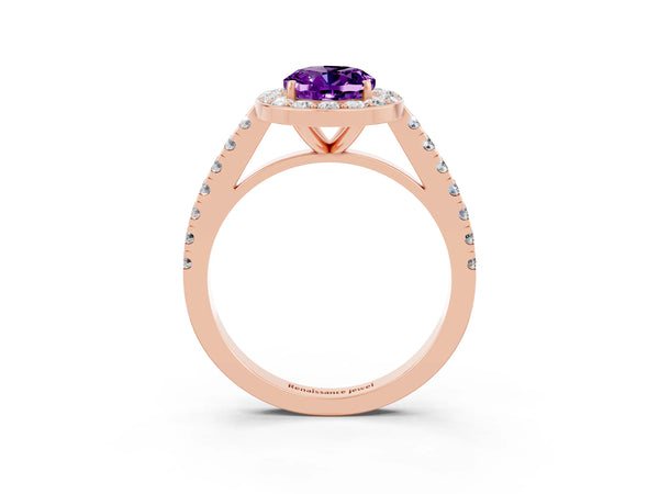 Rose gold Oval Cut Amethyst Halo Ring with Round Pavé Split Shank and Prong Setting