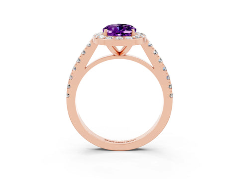 Rose gold Oval Cut Halo Diamond Ring with Pavé Band and Three-Prong Setting_3