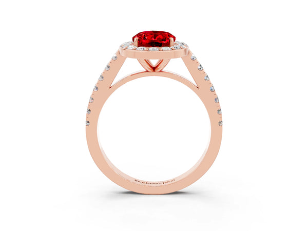 Rose gold Oval Cut Ruby Halo Ring with Round Pavé Split Shank and Prong Setting