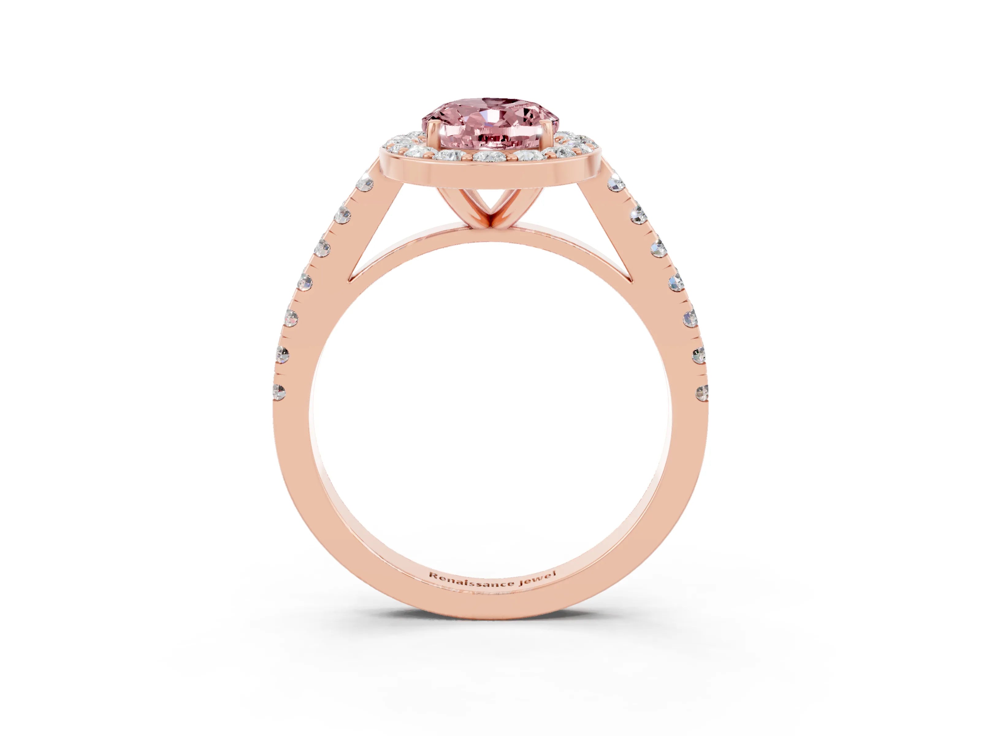 Rose gold Oval Cut Halo Diamond Ring with Pavé Band and Three-Prong Setting_3