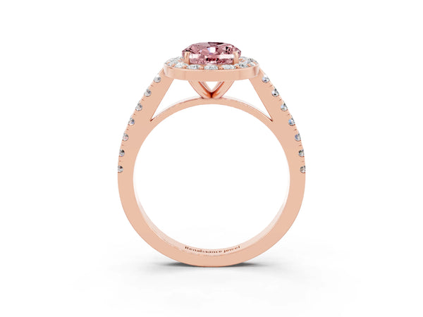 Rose gold Oval Cut Halo Diamond Ring with Pavé Band and Three-Prong Setting