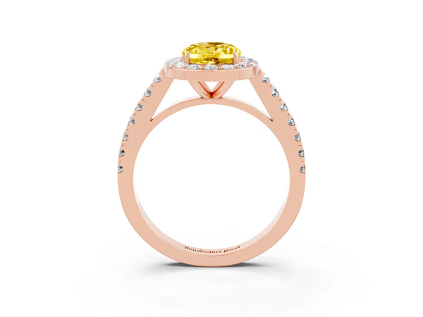 Rose gold Oval Cut Yellow Sapphire Halo Ring with Round Pavé Split Shank and Prong Setting