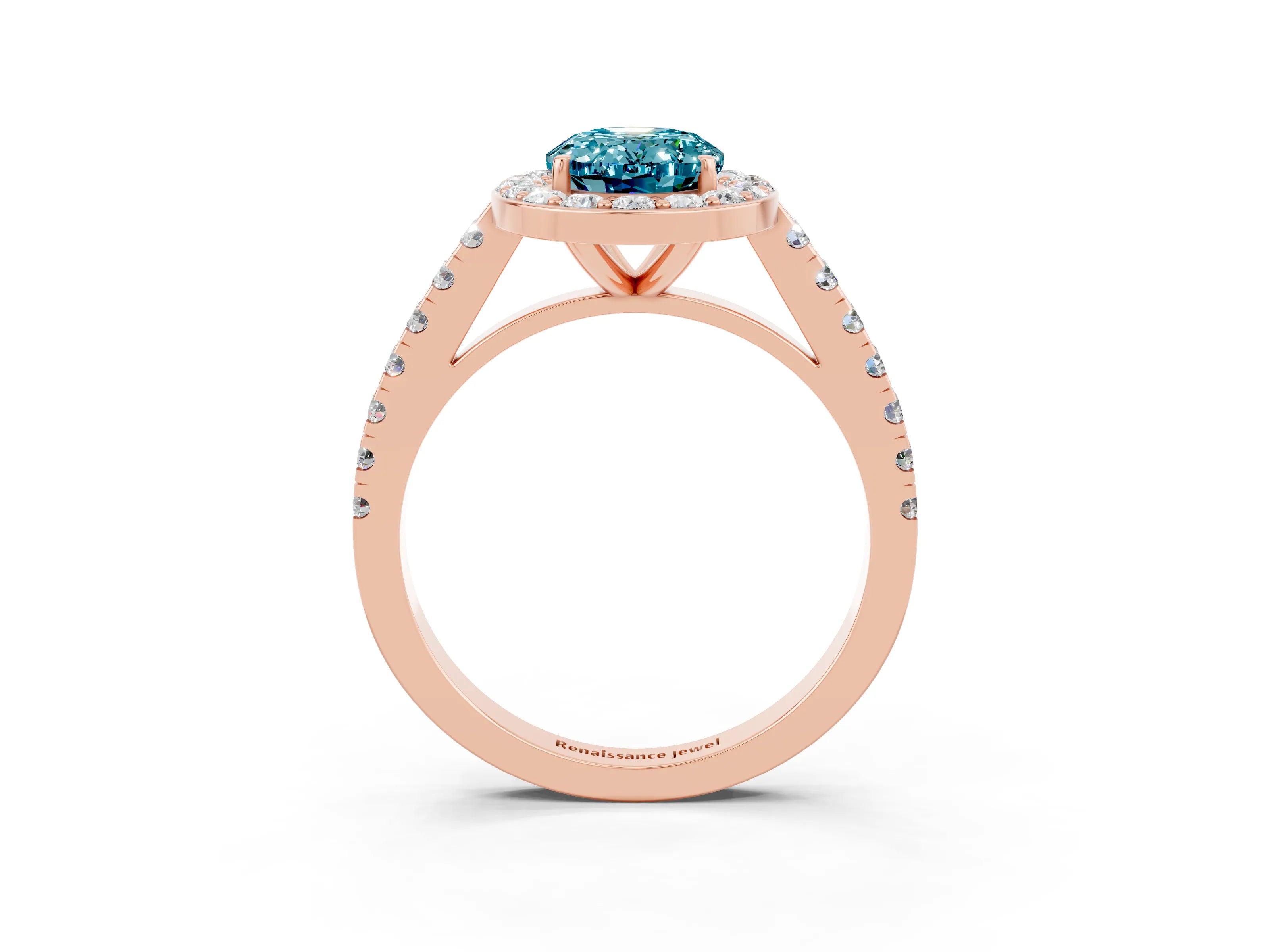 Rose gold Oval Cut Halo Diamond Ring with Pavé Band and Three-Prong Setting_3