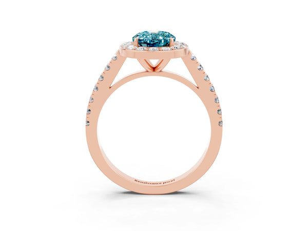 Rose gold Oval Cut Halo Diamond Ring with Pavé Band and Three-Prong Setting