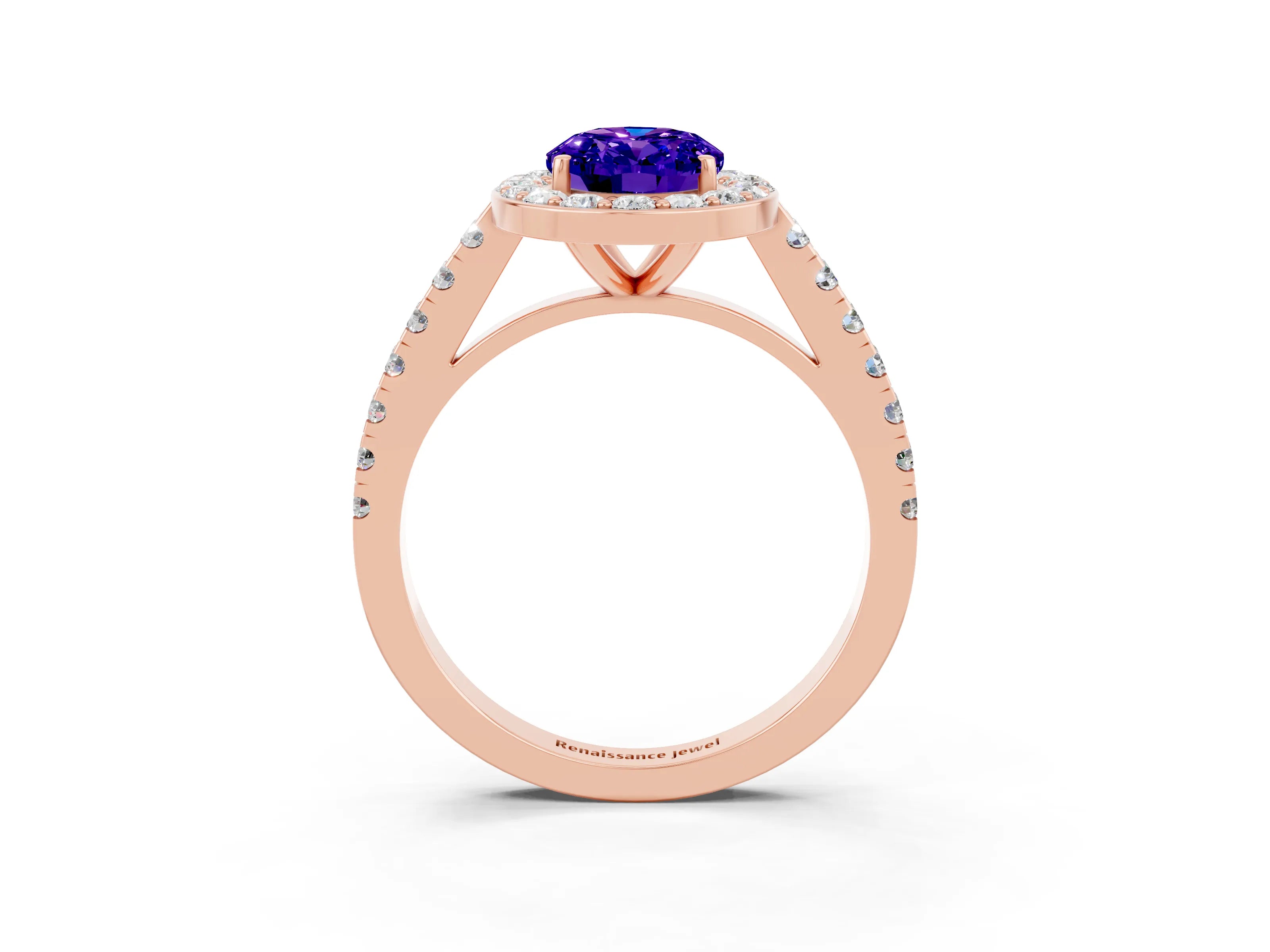 Rose gold Oval Cut Halo Diamond Ring with Pavé Band and Three-Prong Setting_3