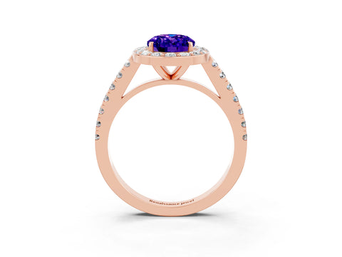 Rose gold Oval Cut Halo Diamond Ring with Pavé Band and Three-Prong Setting_3