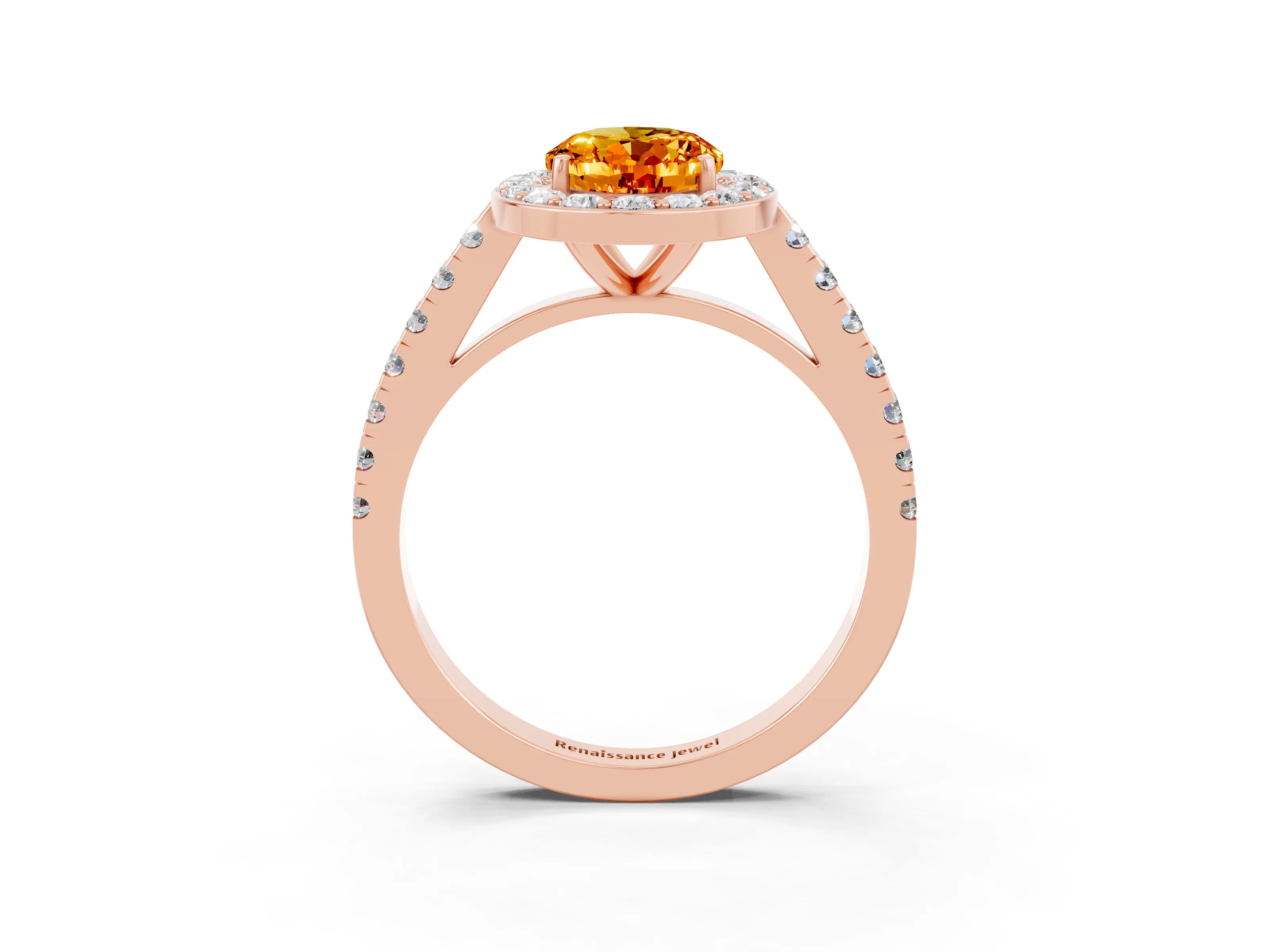 Rose gold Oval Cut Halo Diamond Ring with Pavé Band and Three-Prong Setting_3