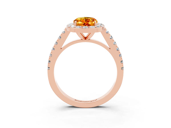 Rose gold Oval Cut Citrine Halo Ring with Round Pavé Split Shank and Prong Setting