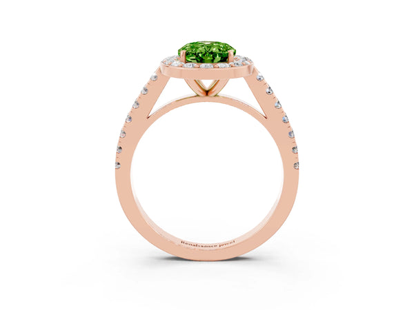 Rose gold Oval Cut Halo Diamond Ring with Pavé Band and Three-Prong Setting