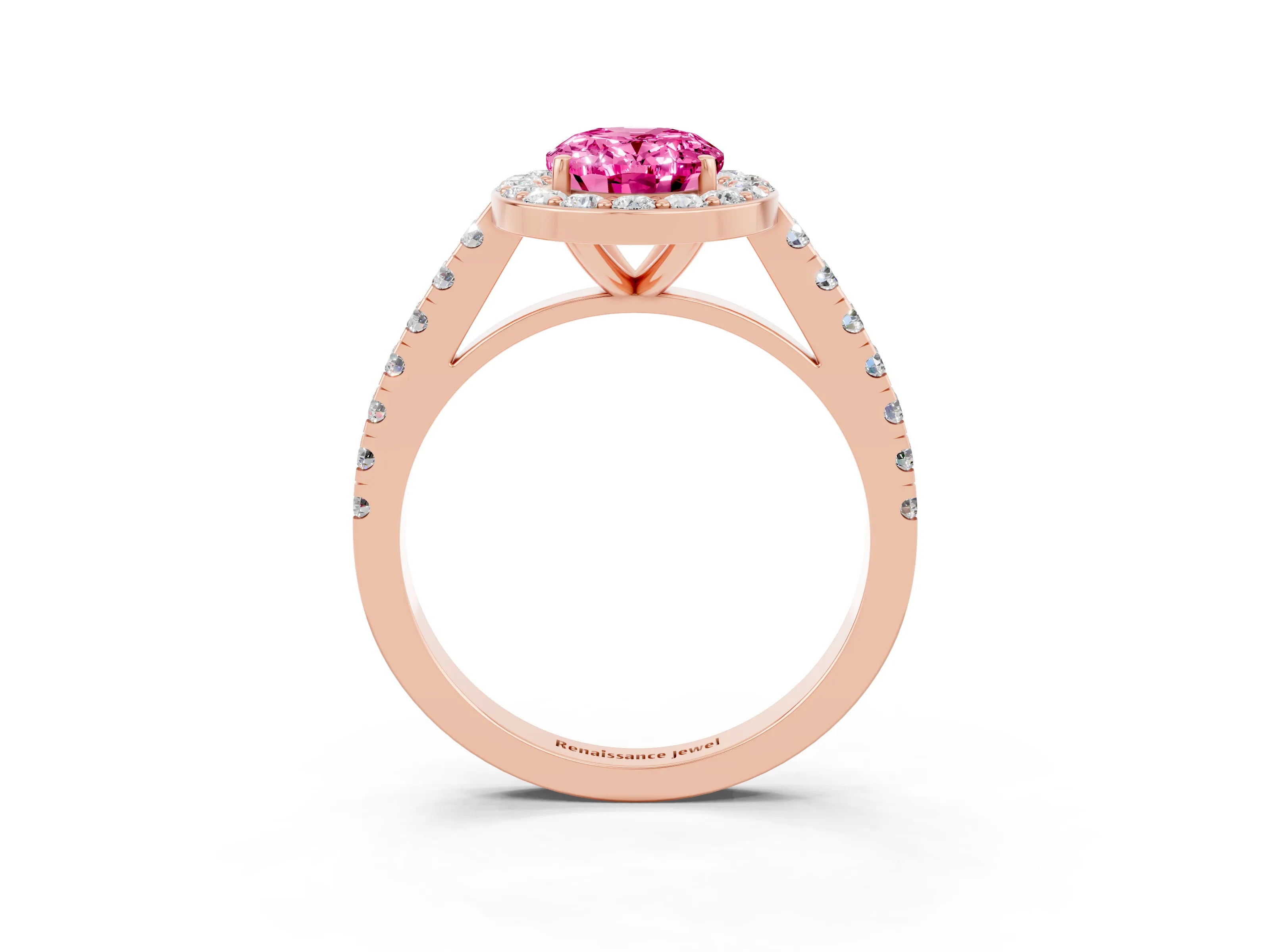 Rose gold Oval Cut Halo Diamond Ring with Pavé Band and Three-Prong Setting_3
