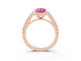 Rose gold Oval Cut Halo Diamond Ring with Pavé Band and Three-Prong Setting_3