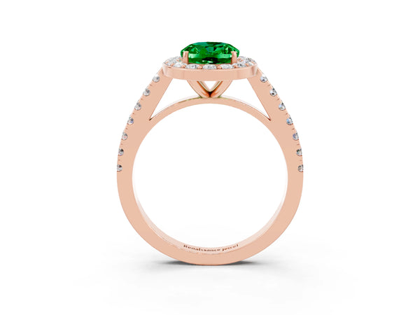 Rose gold Oval Cut Emerald Halo Ring with Round Pavé Split Shank and Prong Setting