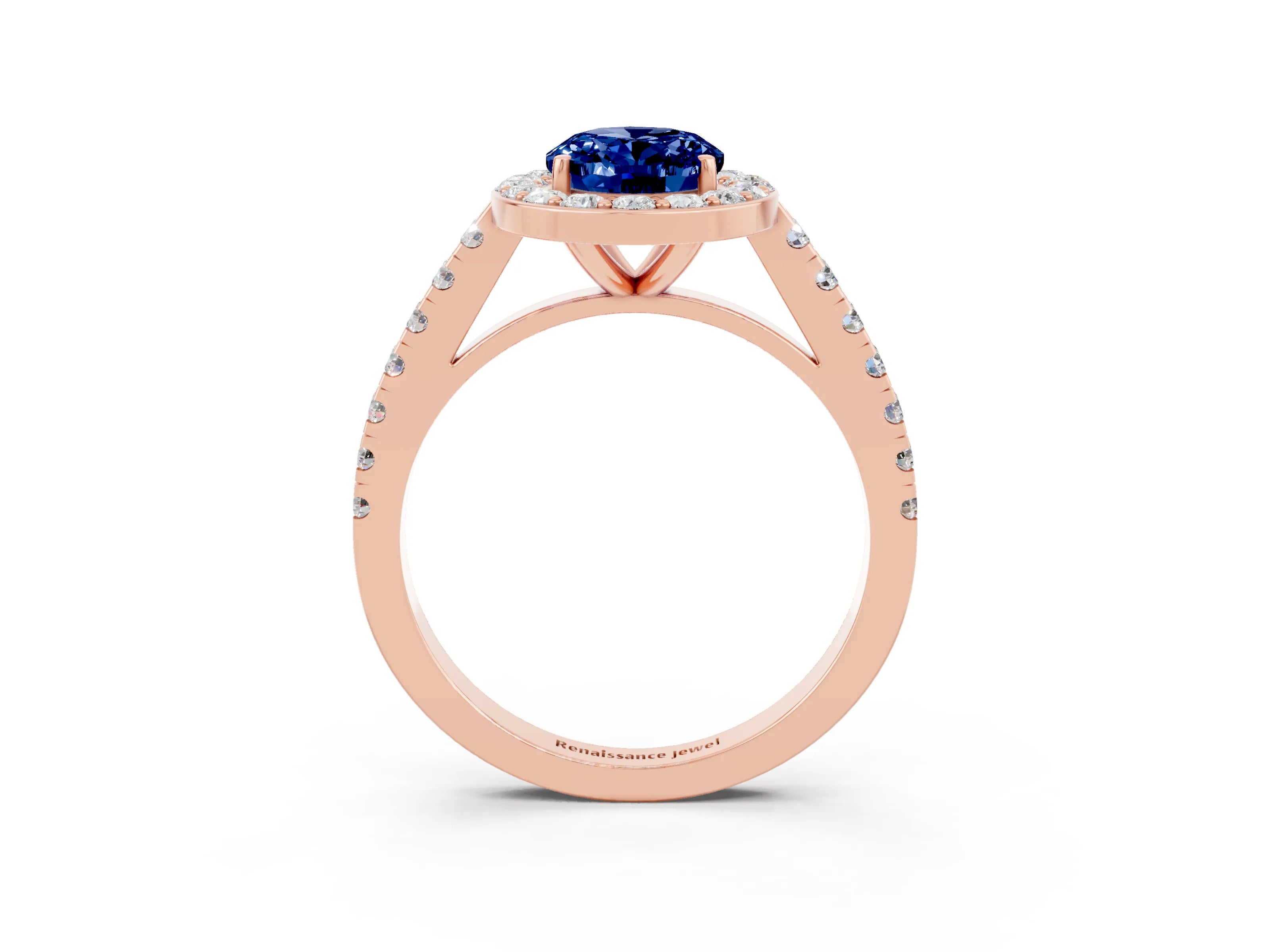 Rose gold Oval Cut Halo Diamond Ring with Pavé Band and Three-Prong Setting_3