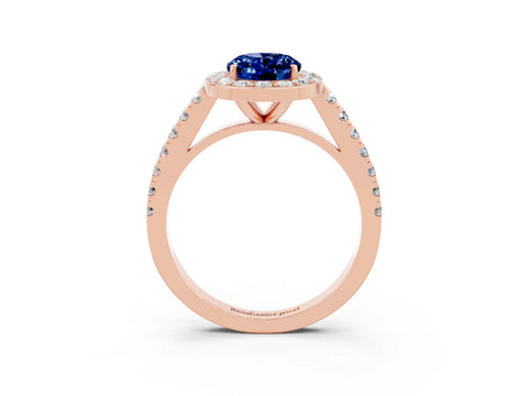 Rose gold Oval Cut Halo Diamond Ring with Pavé Band and Three-Prong Setting_3