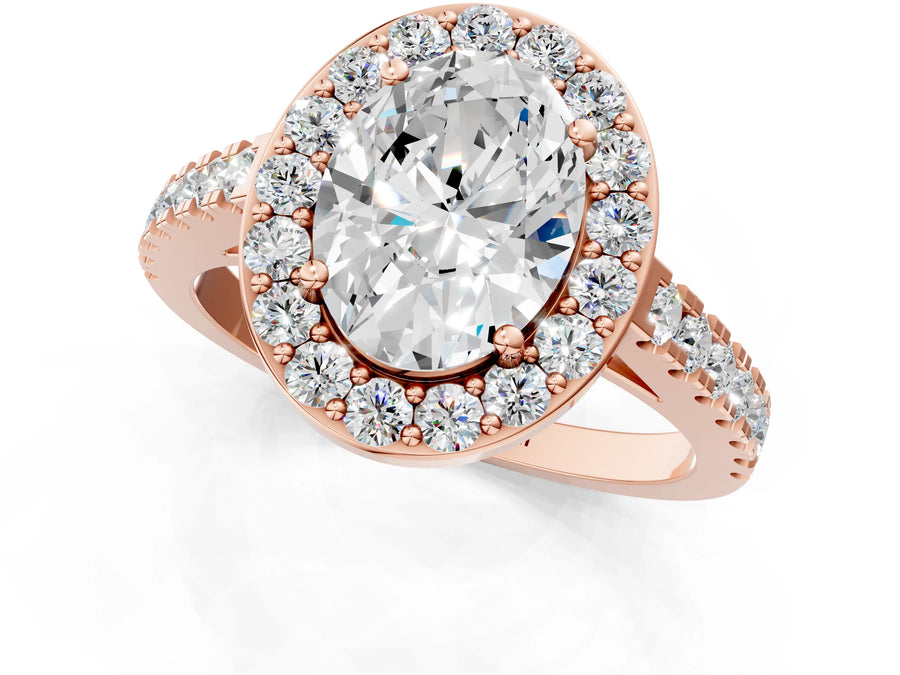Rose gold Oval Cut Halo Diamond Ring with Pavé Band and Three-Prong Setting