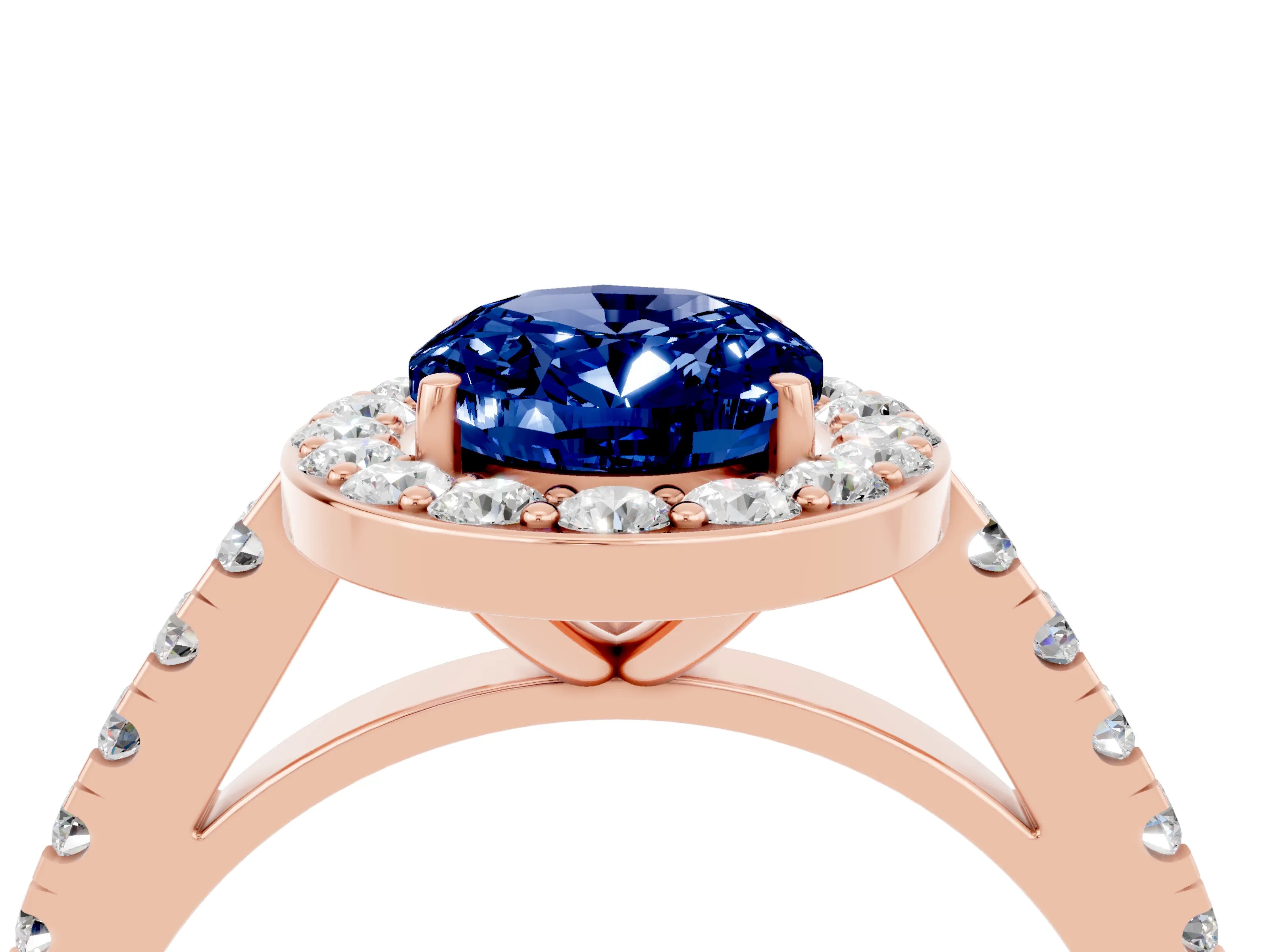 Rose gold Oval Cut Halo Diamond Ring with Pavé Band and Three-Prong Setting_4