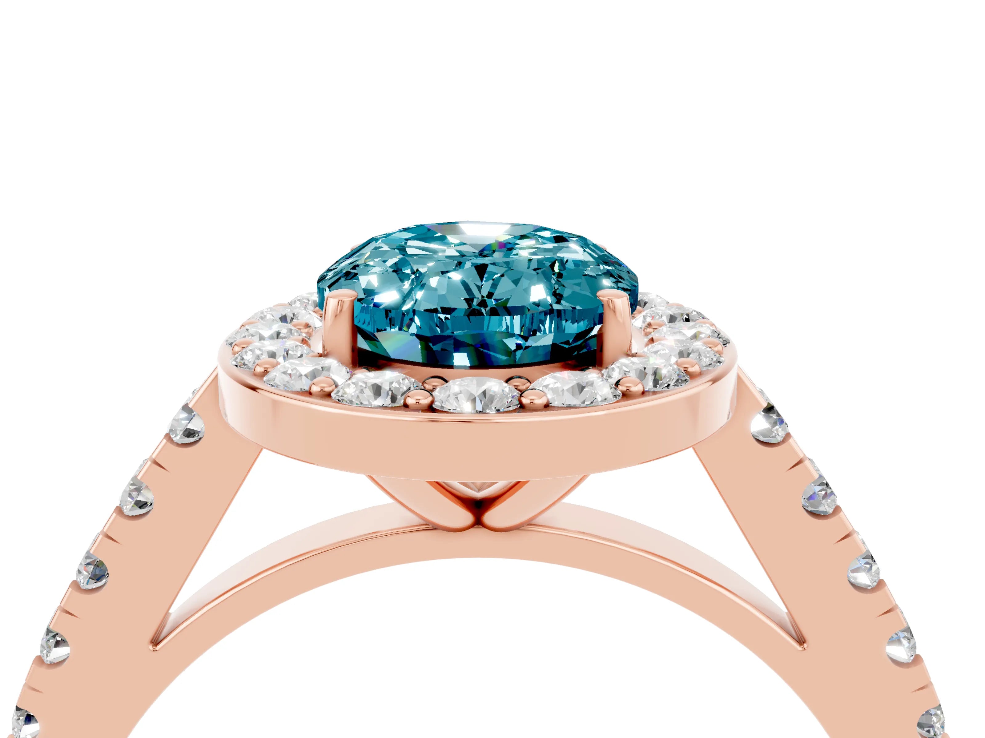 Rose gold Oval Cut Halo Diamond Ring with Pavé Band and Three-Prong Setting_4