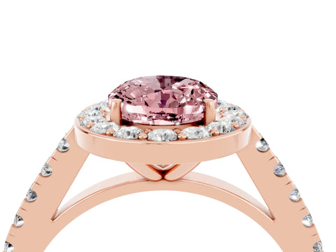 Rose gold Oval Cut Halo Diamond Ring with Pavé Band and Three-Prong Setting_4