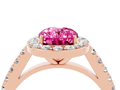 Rose gold Oval Cut Halo Diamond Ring with Pavé Band and Three-Prong Setting_4
