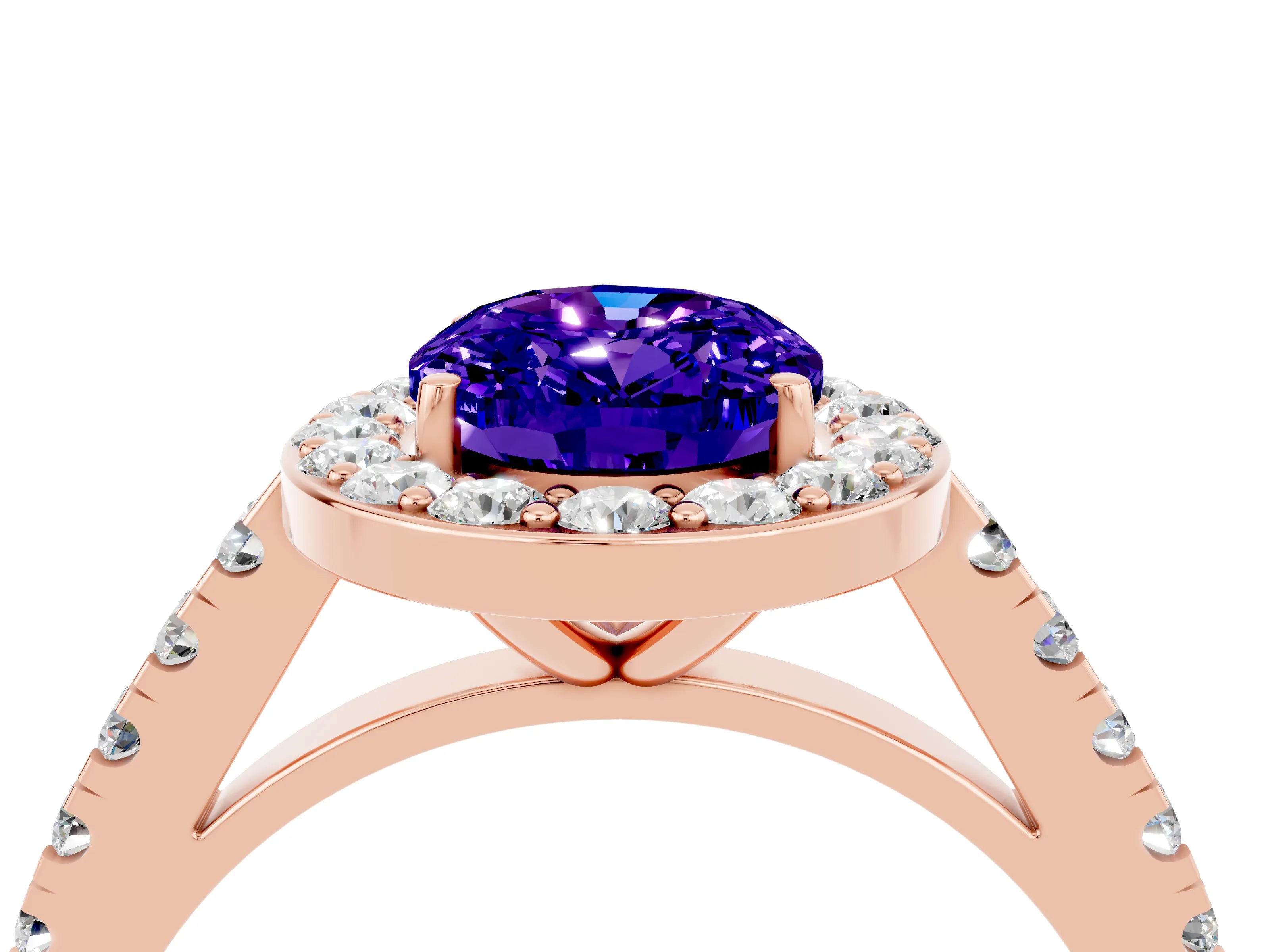 Rose gold Oval Cut Halo Diamond Ring with Pavé Band and Three-Prong Setting_4