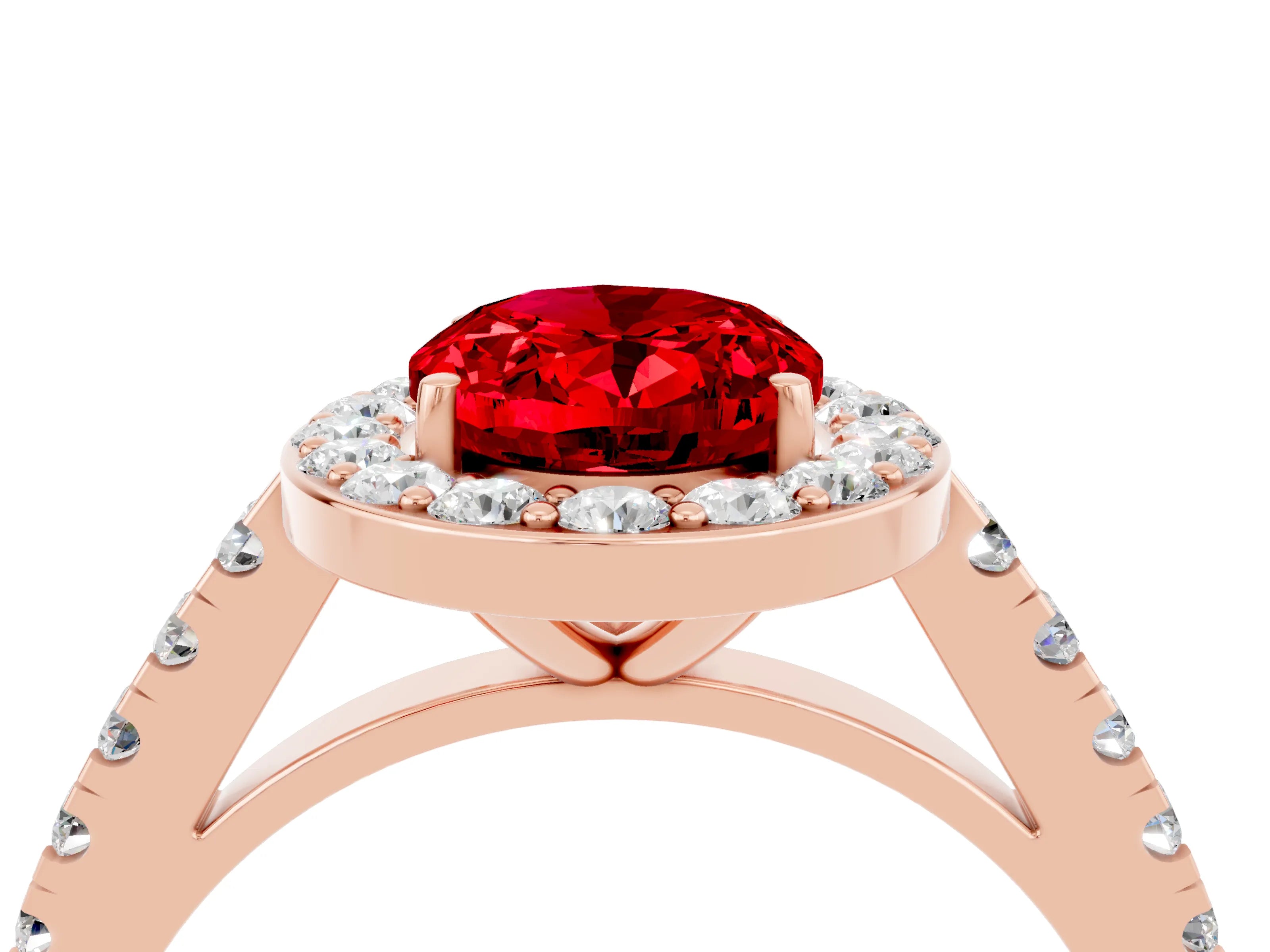 Rose gold Oval Cut Halo Diamond Ring with Pavé Band and Three-Prong Setting_4