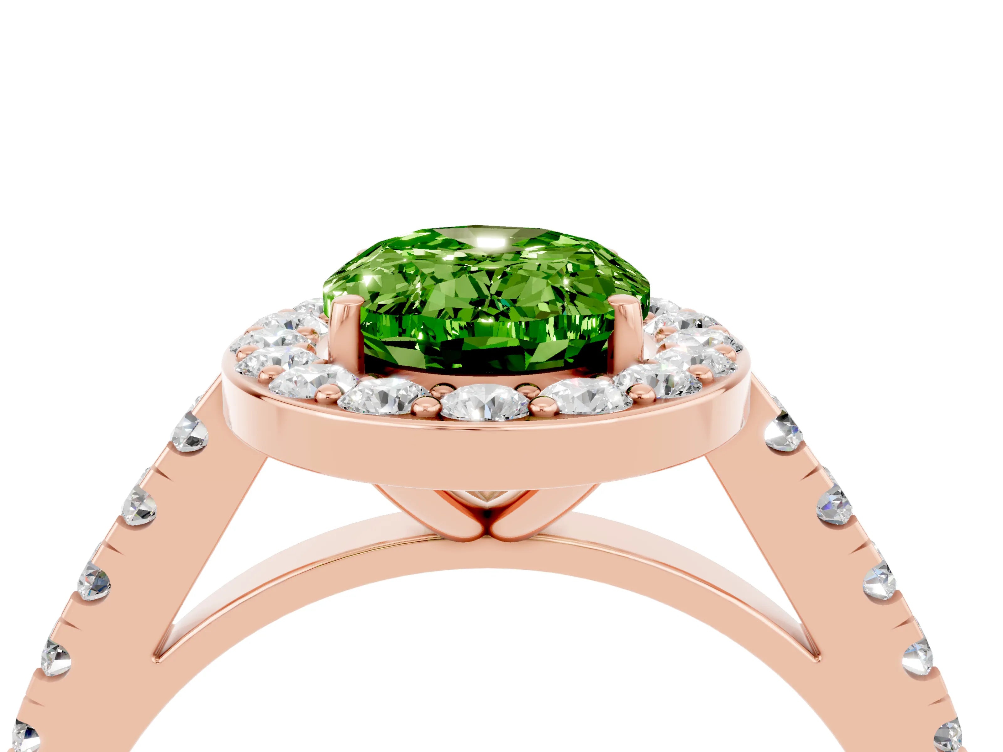 Rose gold Oval Cut Halo Diamond Ring with Pavé Band and Three-Prong Setting_4