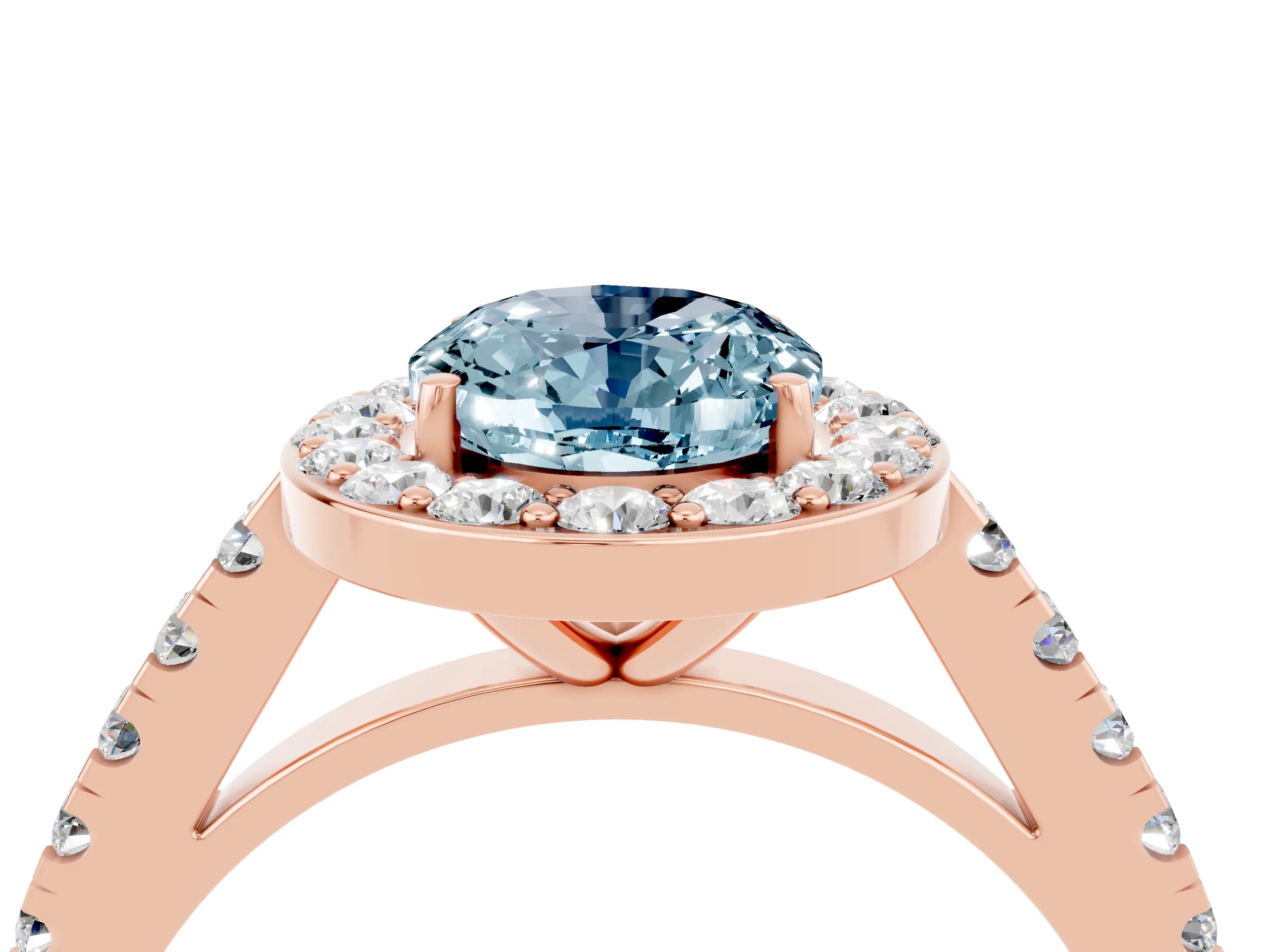 Rose gold Oval Cut Halo Diamond Ring with Pavé Band and Three-Prong Setting_4