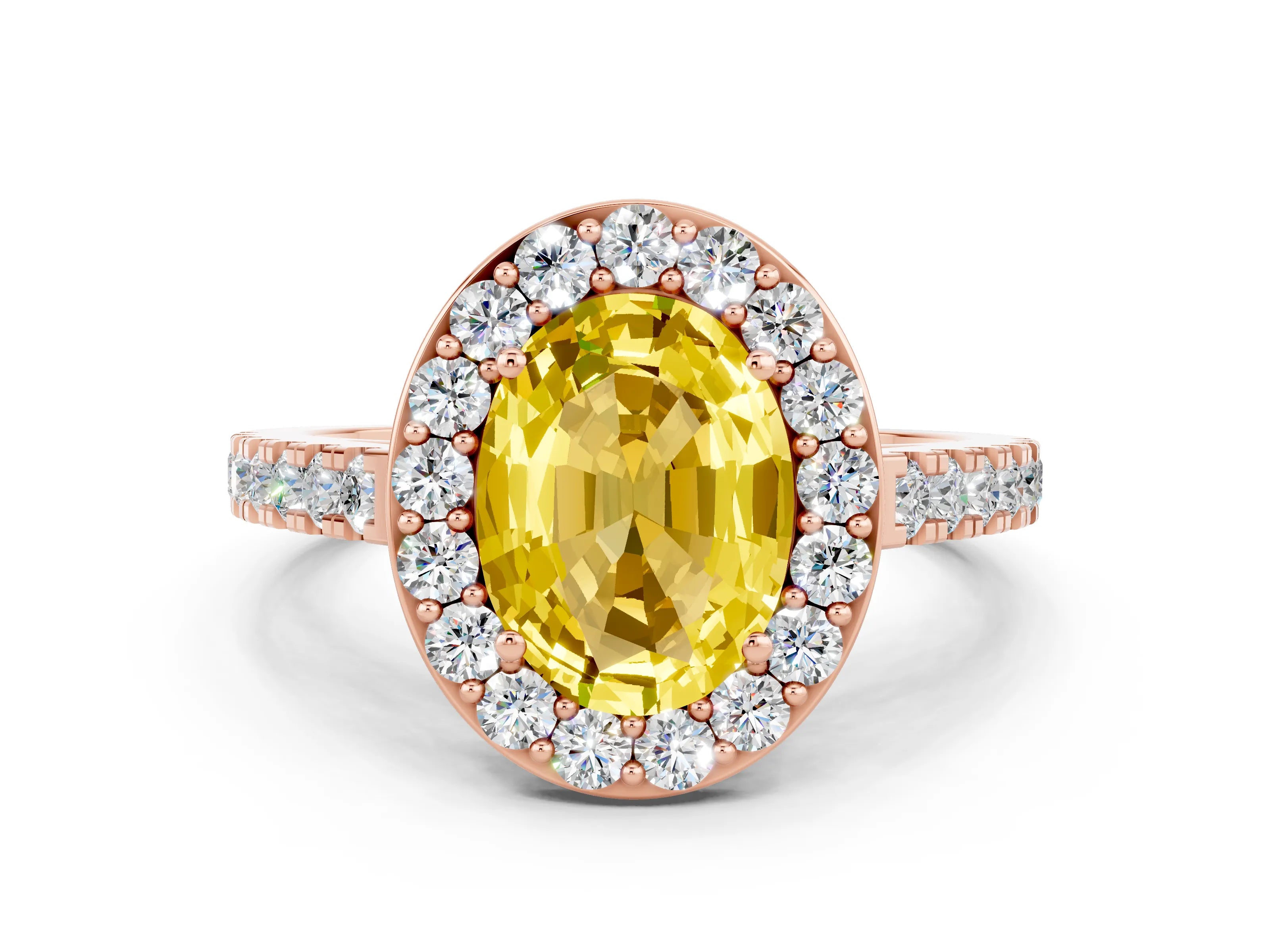 Rose gold Oval Cut Halo Diamond Ring with Pavé Band and Three-Prong Setting