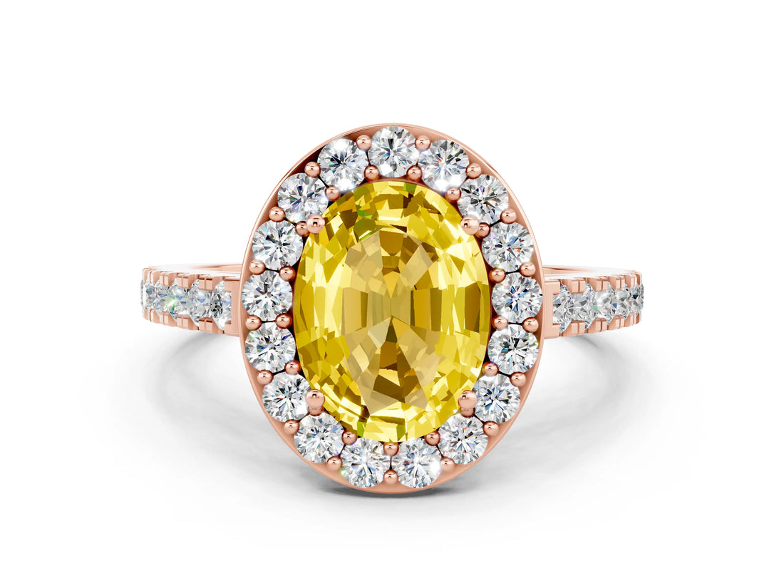 Rose gold Oval Cut Halo Diamond Ring with Pavé Band and Three-Prong Setting