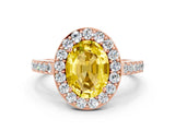 Rose gold Oval Cut Halo Diamond Ring with Pavé Band and Three-Prong Setting