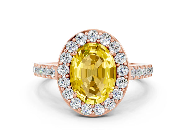 Rose gold Oval Cut Yellow Sapphire Halo Ring with Round Pavé Split Shank and Prong Setting