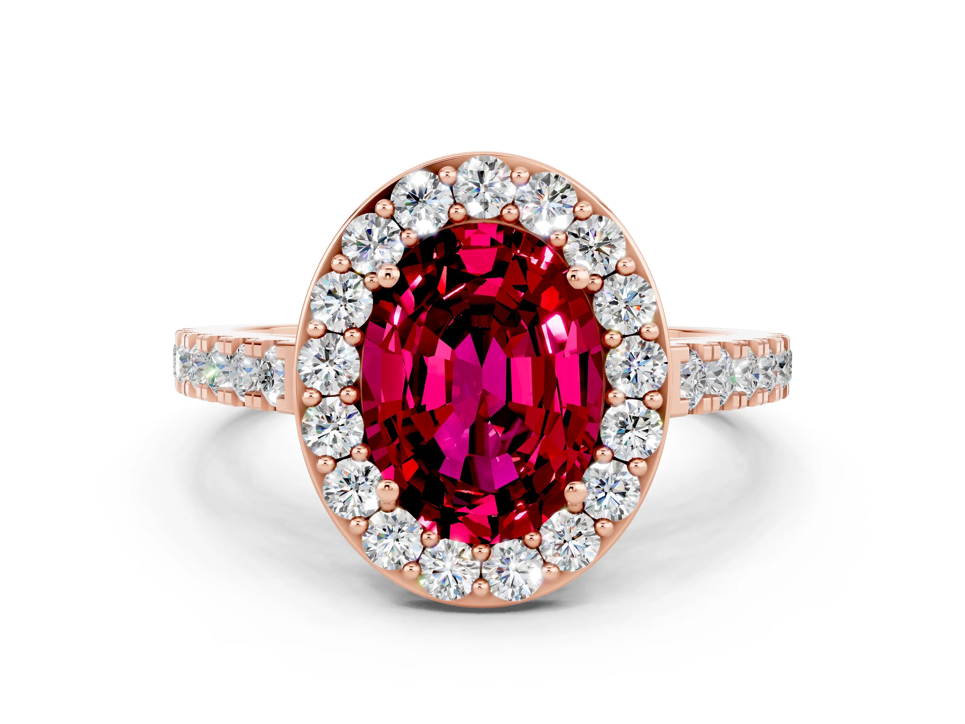 Rose gold Oval Cut Halo Diamond Ring with Pavé Band and Three-Prong Setting