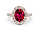 Rose gold Oval Cut Halo Diamond Ring with Pavé Band and Three-Prong Setting