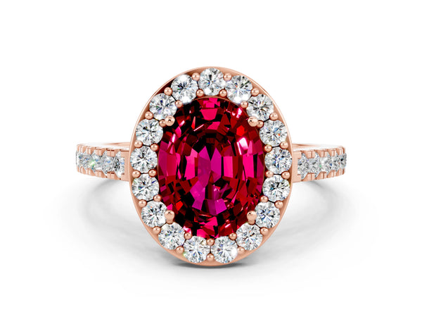 Rose gold Oval Cut Garnet Halo Ring with Round Pavé Split Shank and Prong Setting