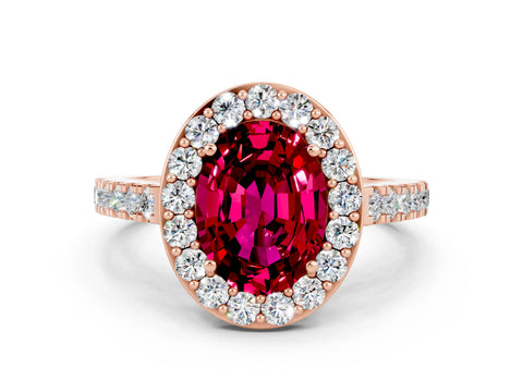 Rose gold Oval Cut Halo Diamond Ring with Pavé Band and Three-Prong Setting