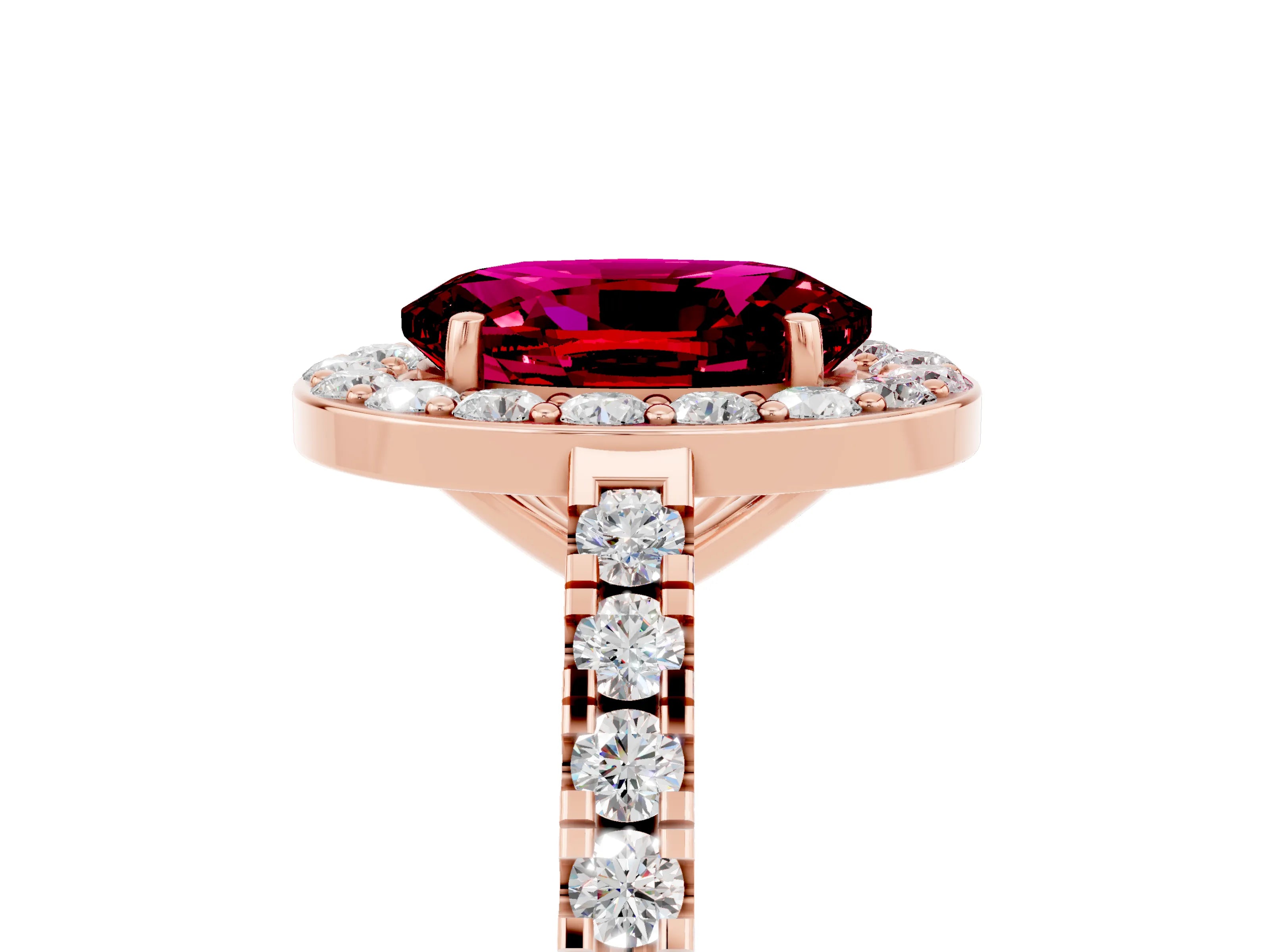 Rose gold Oval Cut Halo Diamond Ring with Pavé Band and Three-Prong Setting_5