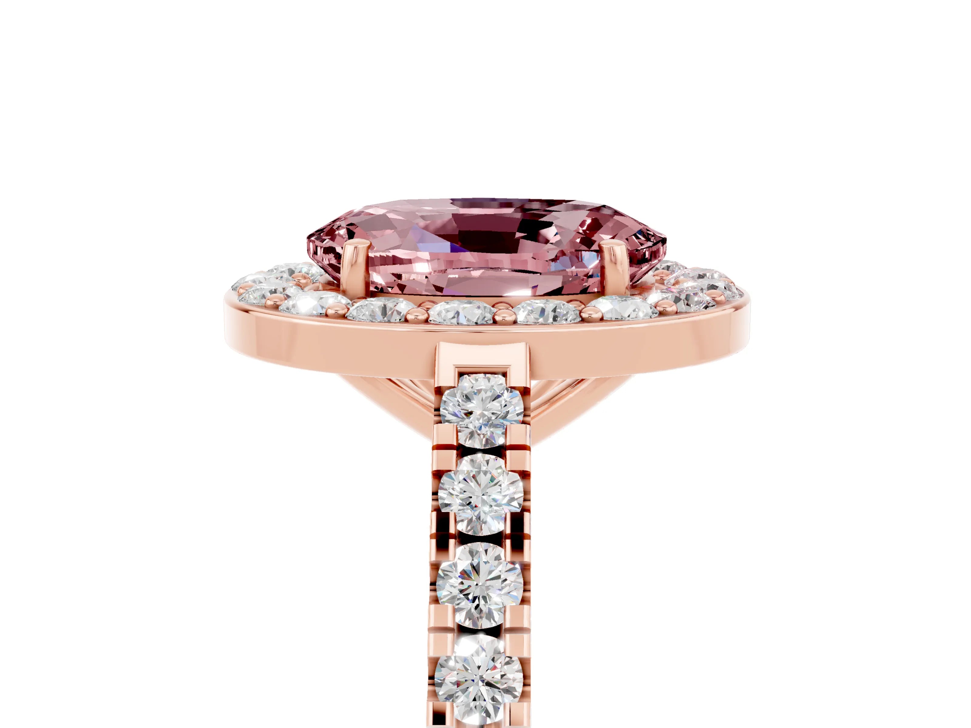Rose gold Oval Cut Halo Diamond Ring with Pavé Band and Three-Prong Setting_5