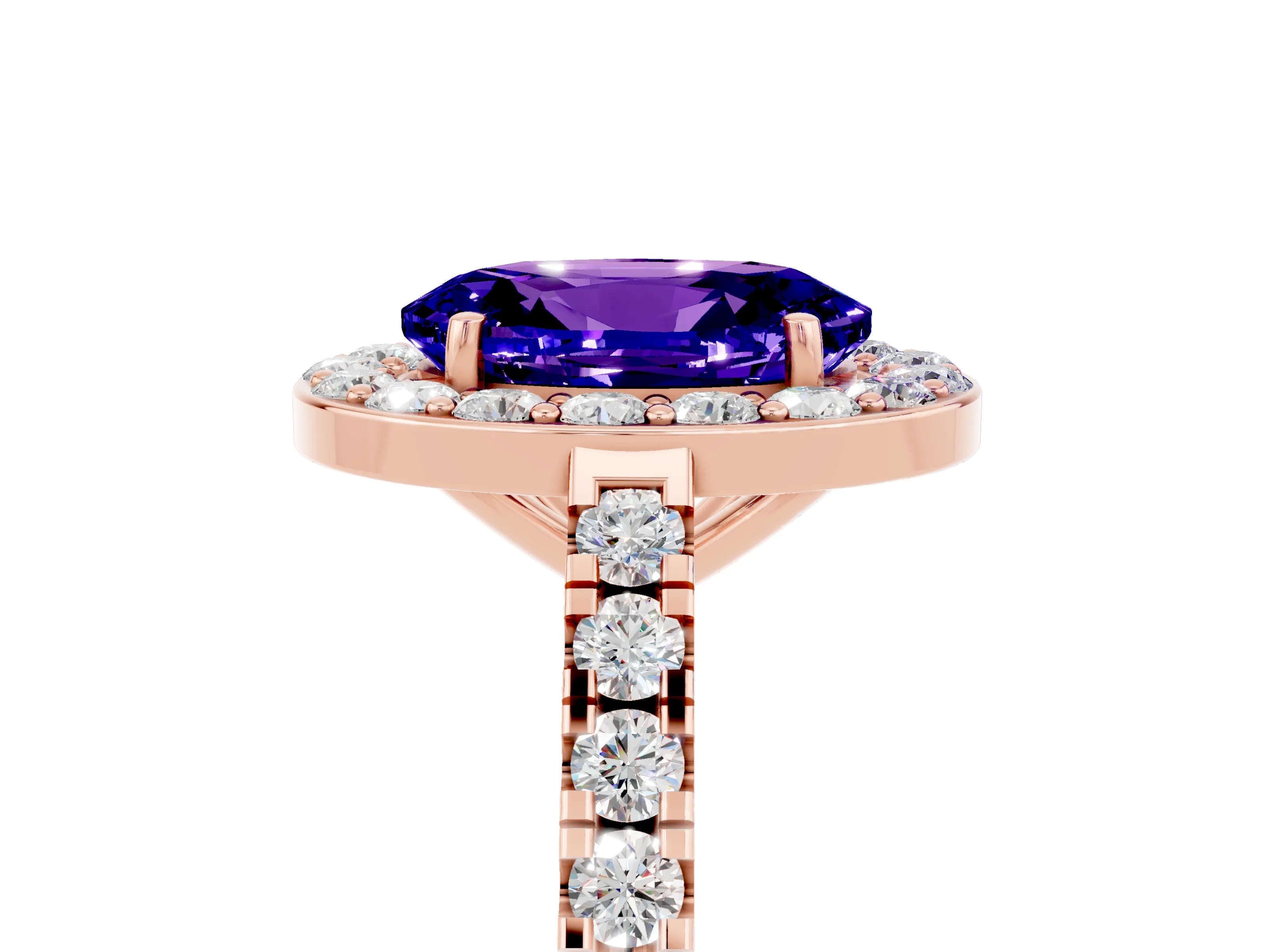 Rose gold Oval Cut Halo Diamond Ring with Pavé Band and Three-Prong Setting_5