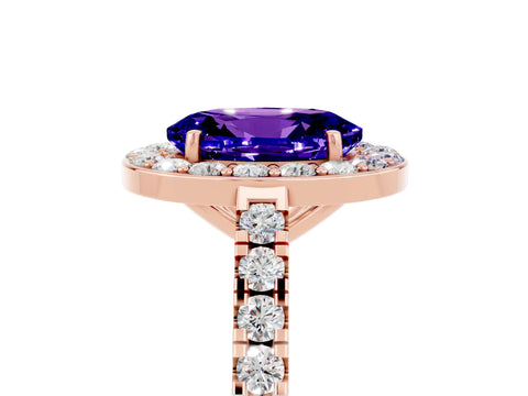 Rose gold Oval Cut Halo Diamond Ring with Pavé Band and Three-Prong Setting_5